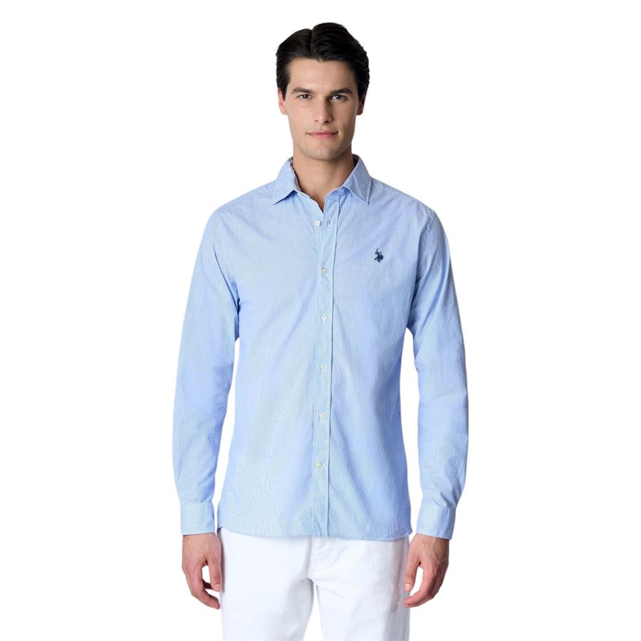Camicia da uomo in cotone stretch popeline a righe slim fit con logo U.S. Polo Assn | US41104021703